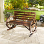 2 Seater Garden Bench W/ Wooden Cart Wagon Wheel Rustic Back | Brown
