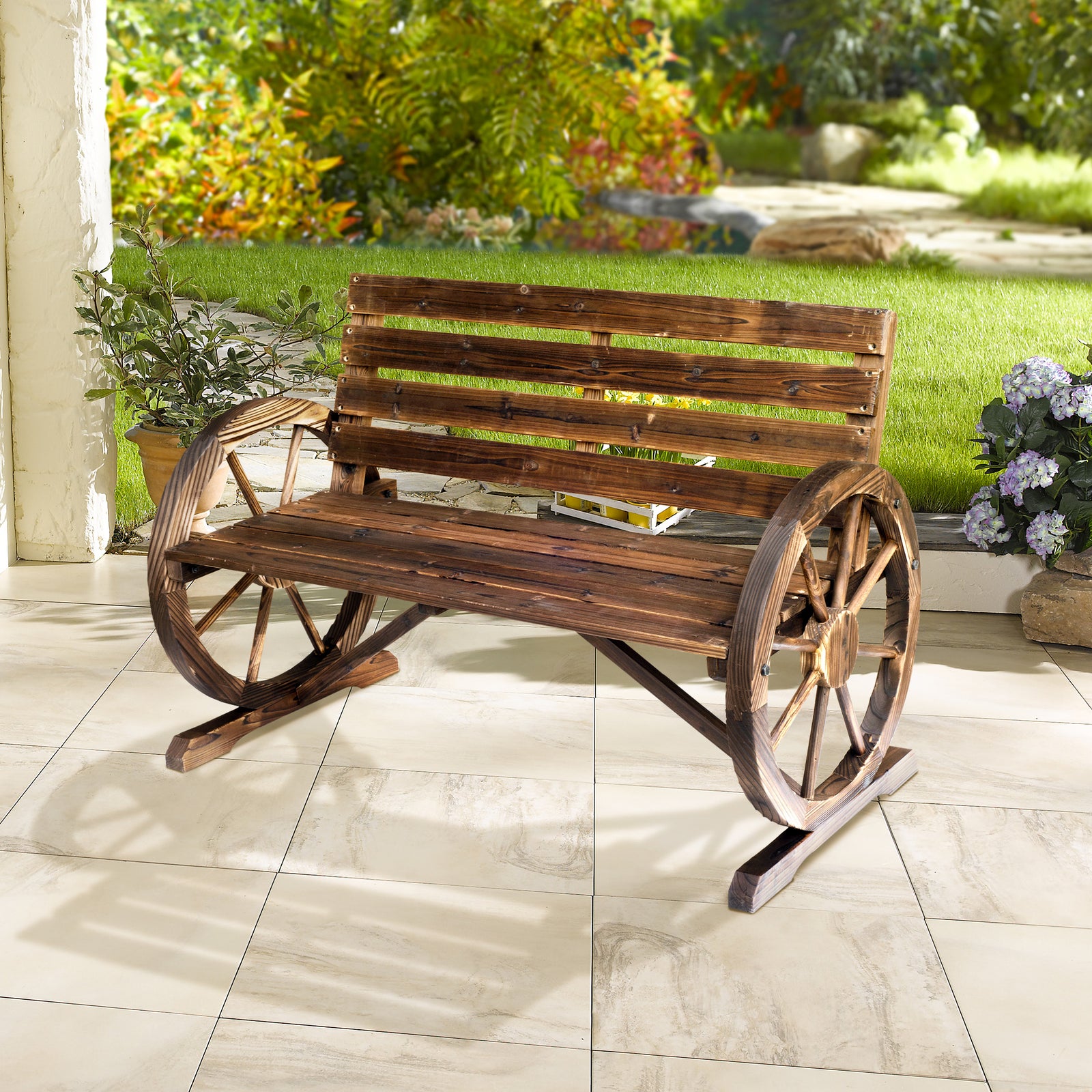 2 Seater Garden Bench W/ Wooden Cart Wagon Wheel Rustic Back | Brown