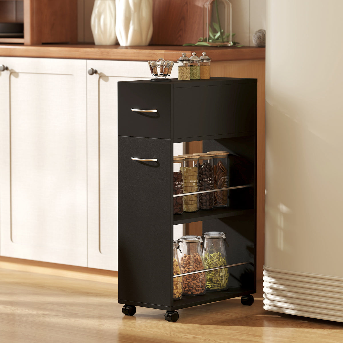 HOMCOM Rolling Storage Unit With Drawer Surface Top And 4 Wheels, Black