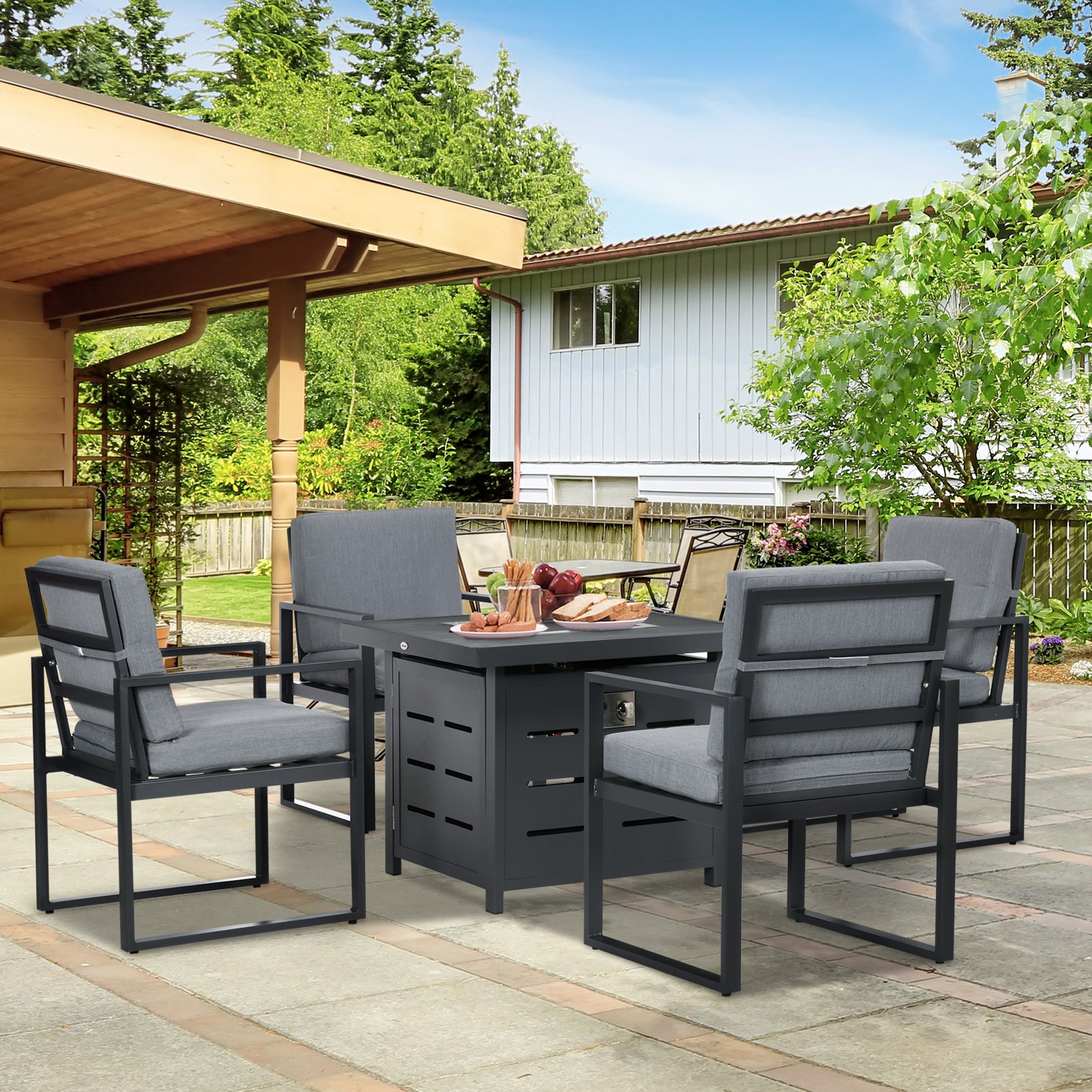 4 Seater Aluminium Garden Furniture Set W/ Gas Firepit Table
