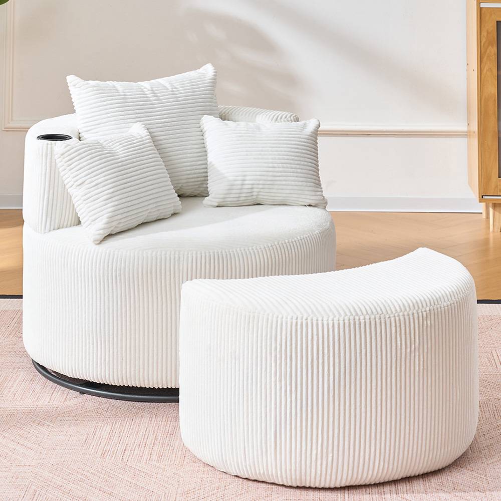 360° Swivel Sofa And Footstool With Cup Holder And Pillows