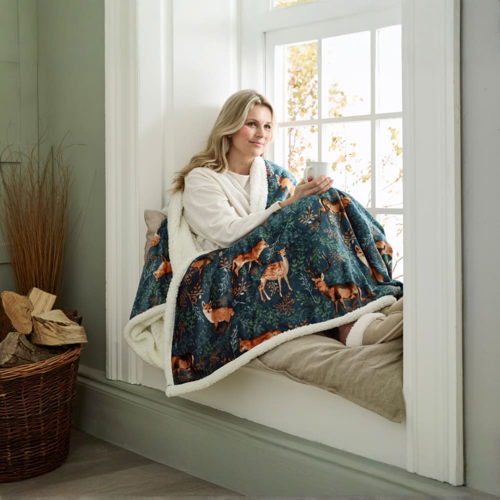 Fox & Deer Heated Sherpa Throw – 140x180cm Electric Blanket With Adjustable Heat Settings | 140cm x 180cm | Teal