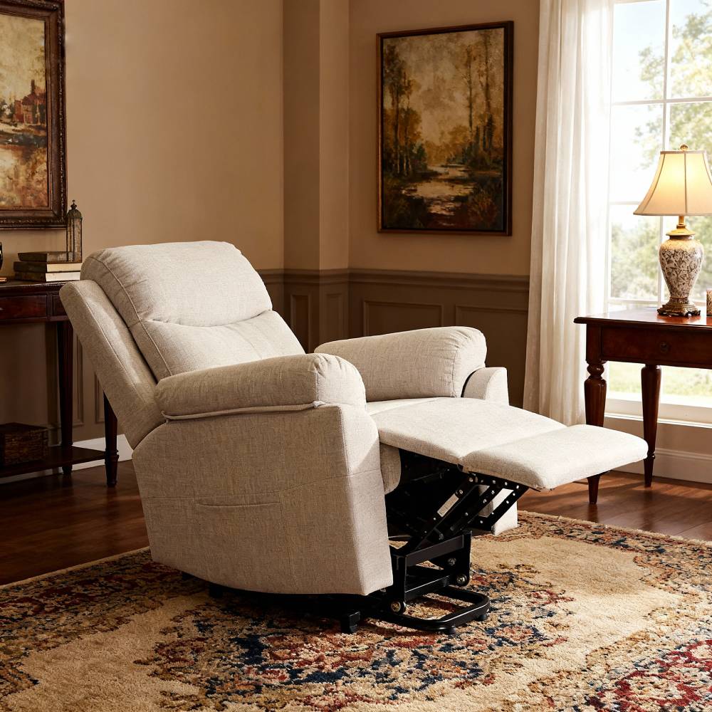 Ergonomic Chenille Single Sofa – Recline Up To 135°, Footrest, Side Pockets, Wood & Iron Frame | Beige