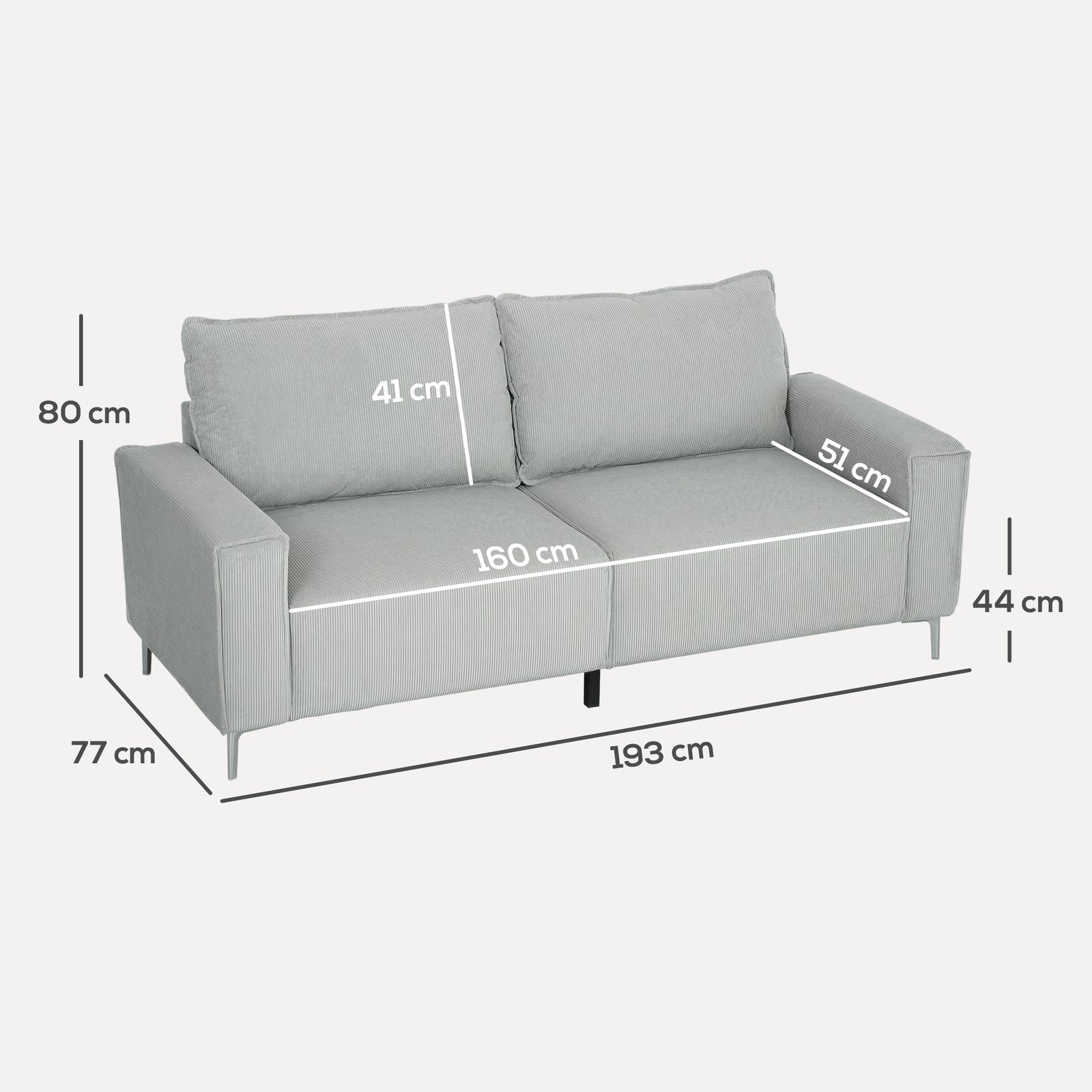 193cm Upholstered Corduroy Settee With Spring Cushion, Light Grey