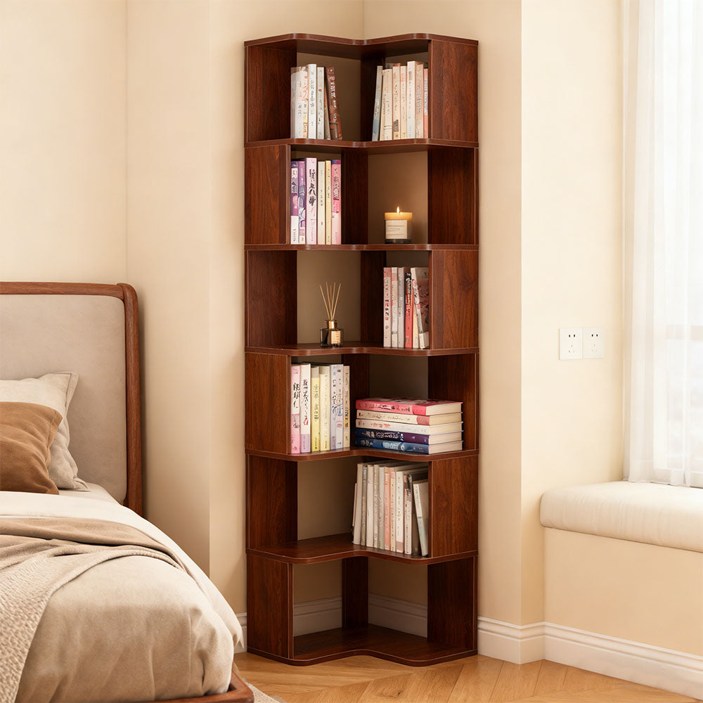 5-tier/6-tier Wooden L-shaped Corner Storage Shelf | Large | Walnut