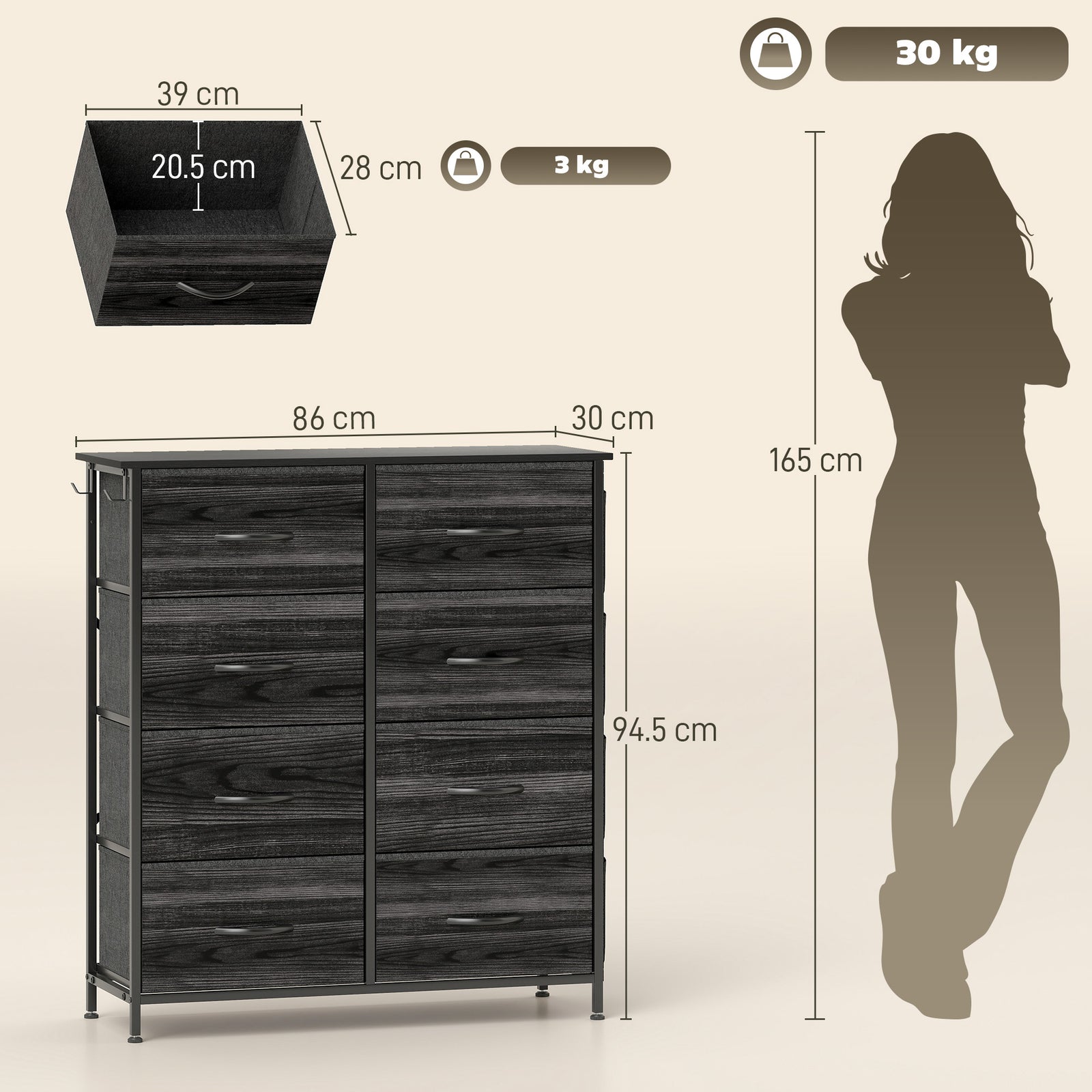 Fabric Chest Of Drawers, 8 Drawer Dresser For Bedroom | Black
