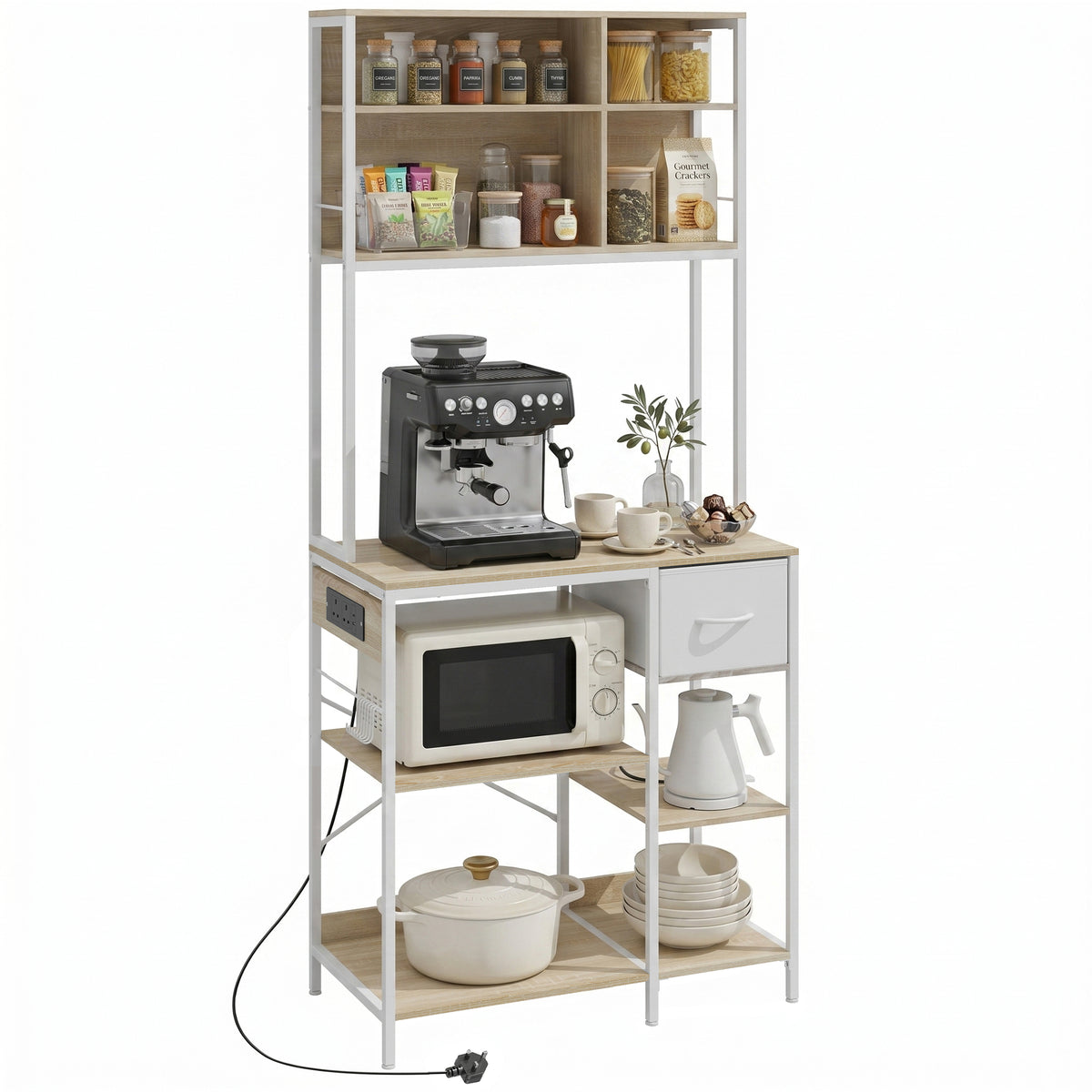 HOMCOM Kitchen Bakers Rack, Microwave Stand With Storage Shelves And 6 Hooks