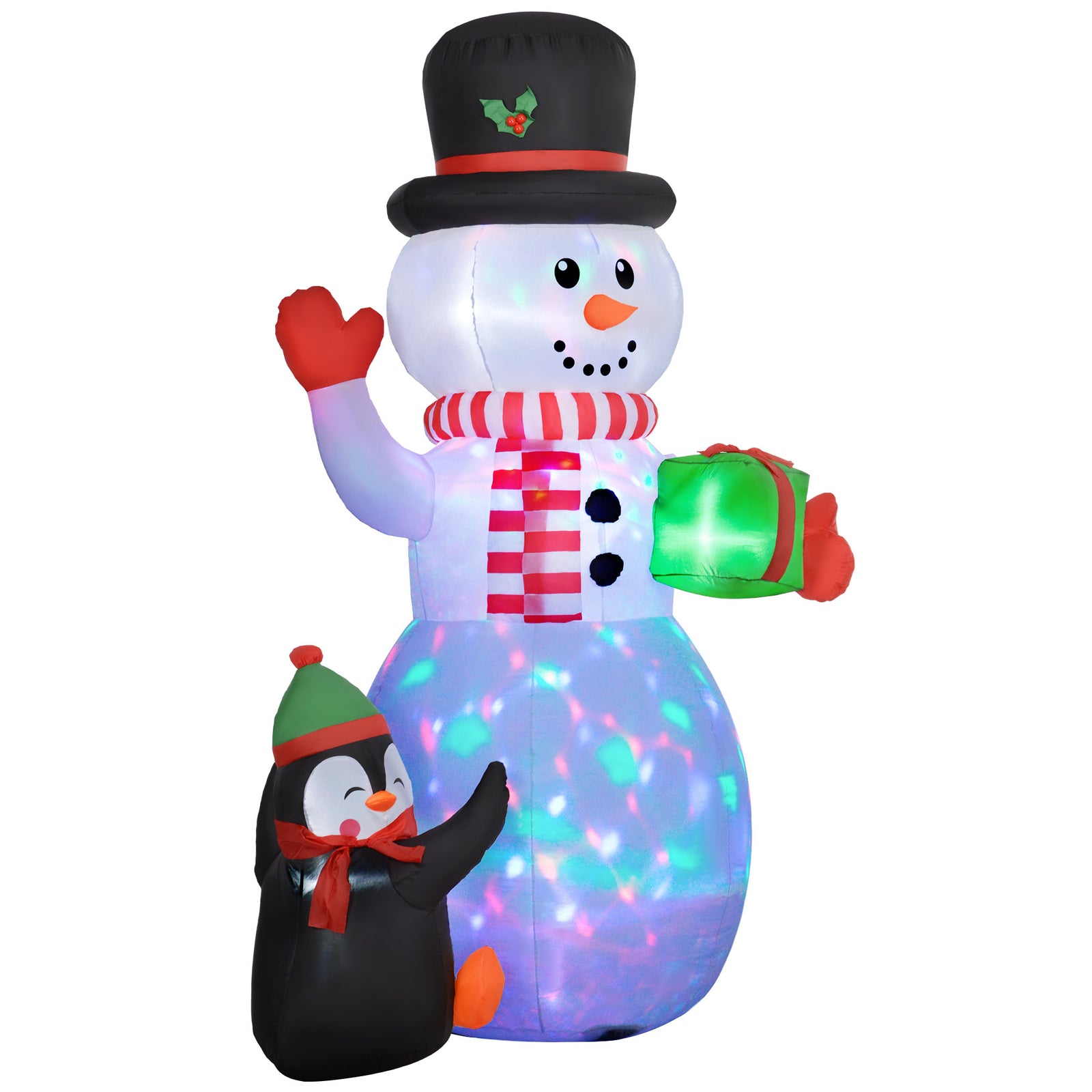 8ft Inflatable Snowman Holding Gift Box With Penguin Led