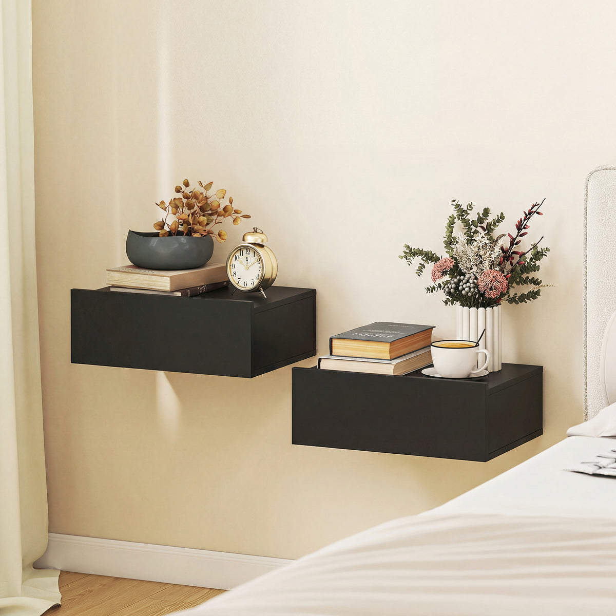 HOMCOM Floating Bedside Table Set Of 2, Wall-mounted Nightstand, Black