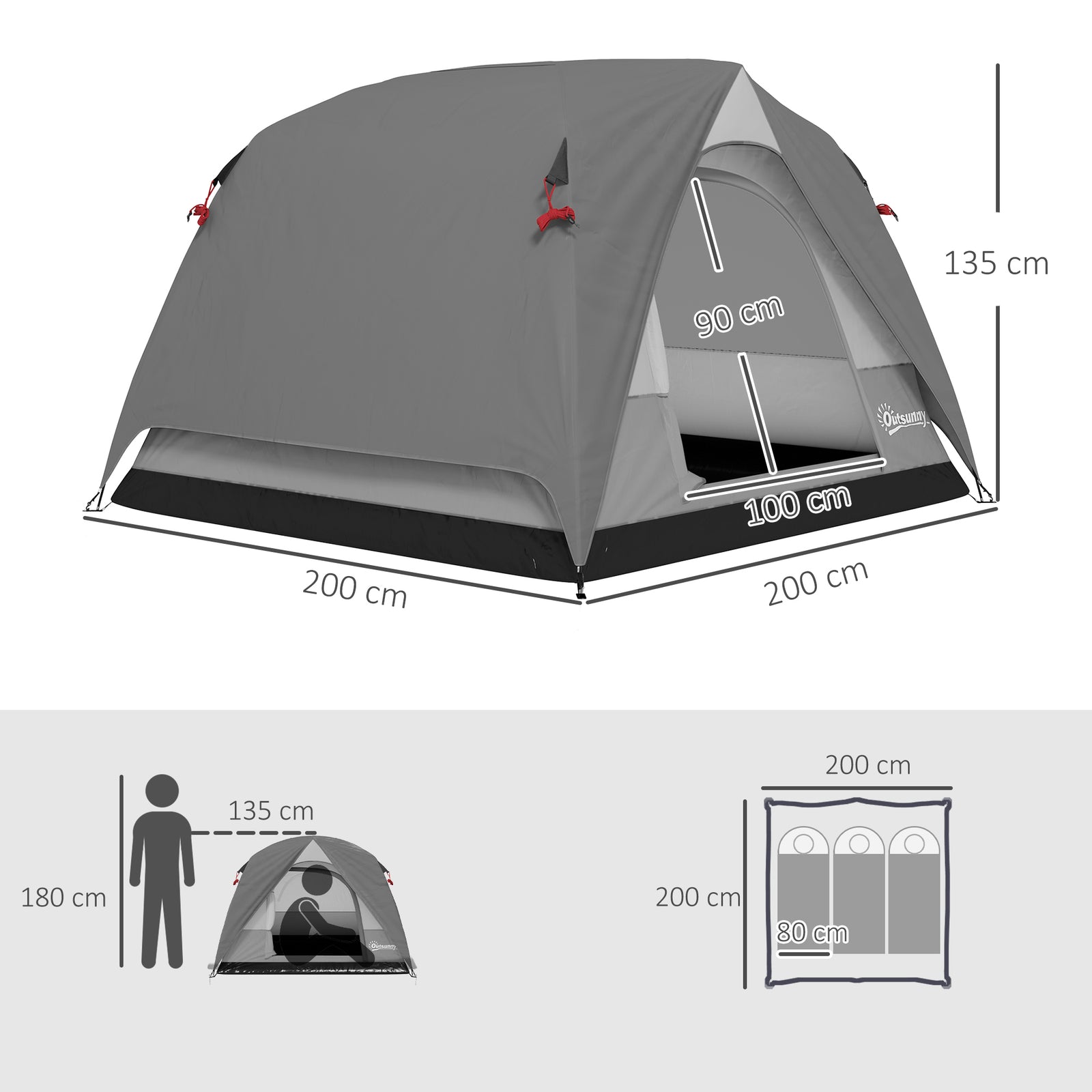 3-4 Person Camping Tent, Waterproof Tent | Dark Grey