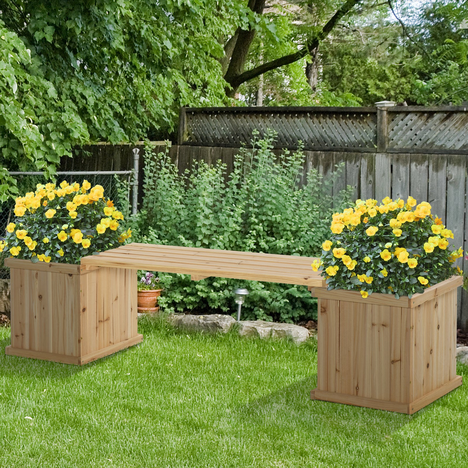 Wooden Garden Planter & Bench Combo Raised Bed