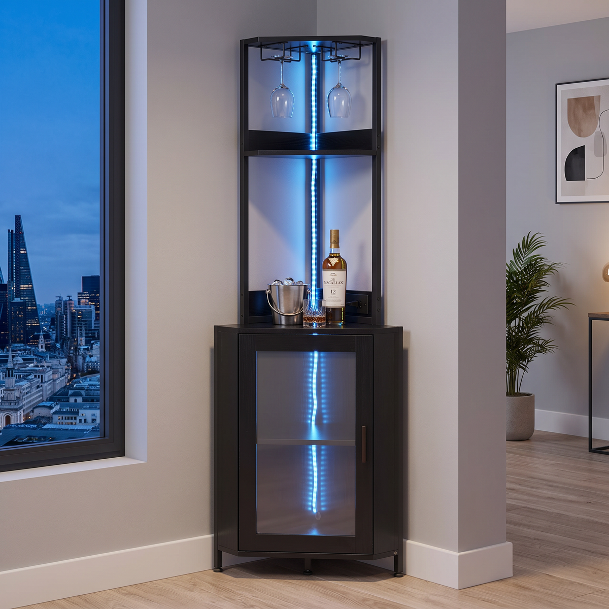 Breeins Industrial Tall Corner Bar Cabinet With Power Socket & Led Lighting