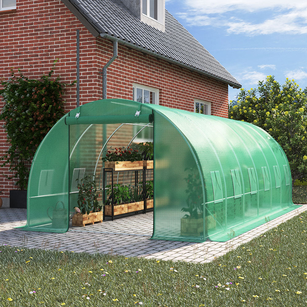 Outdoor Walk-in Tunnel Greenhouse With Heavy Duty Steel Frame & Roll-up Door | 6 x 3 x 2m | Green