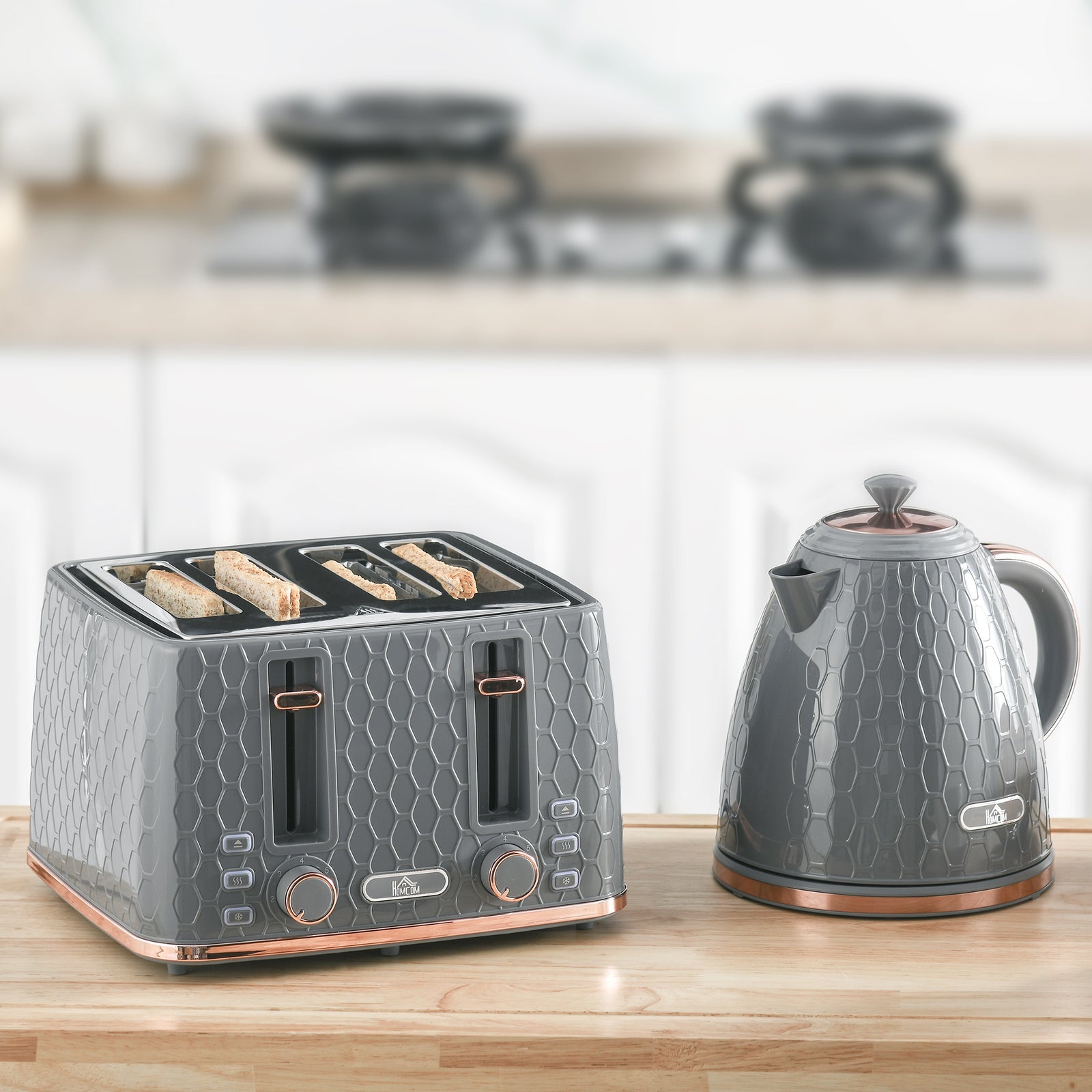 1.7l Kettle and 4 Slice Toaster Set With Defrost Reheat | Large | Grey