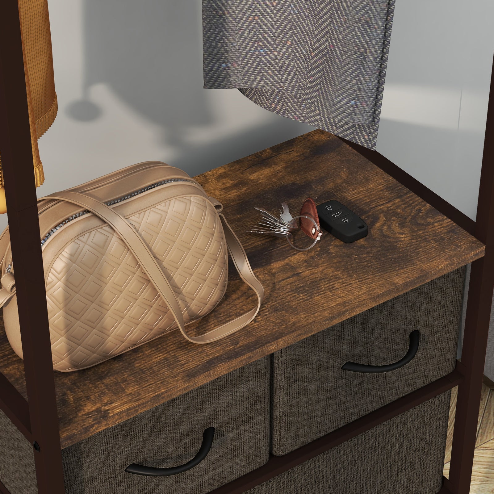 Clothes Hanging Rail With 3 Fabric Drawers Storage Shelves