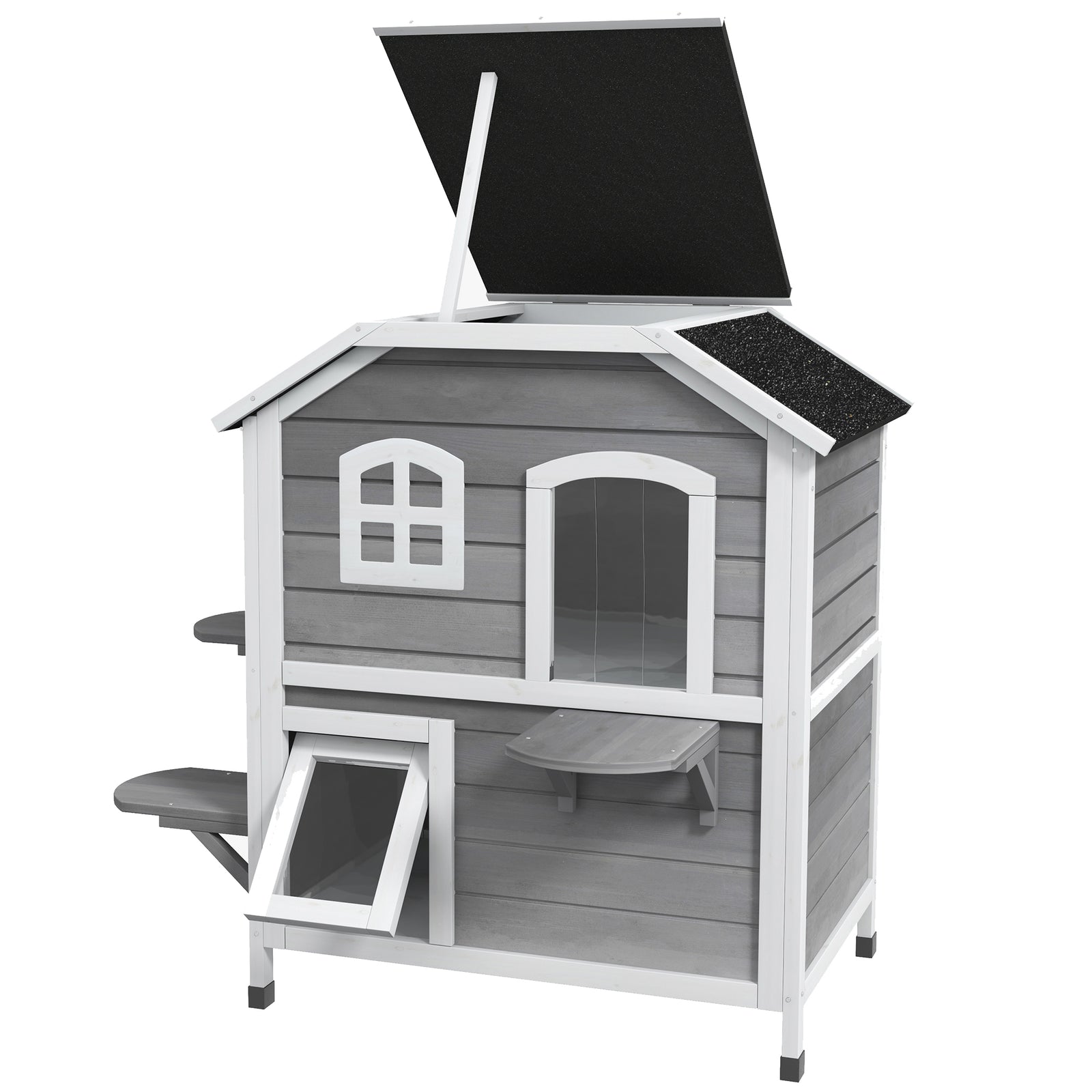 Wooden Cat House Cat Cave Pet Shelter Condos Outdoor | Grey
