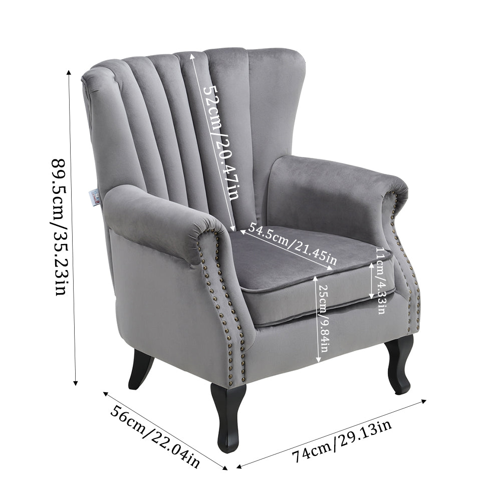 Vintage Old-fashion Velvet Wing Back Armchair With Studs | Grey
