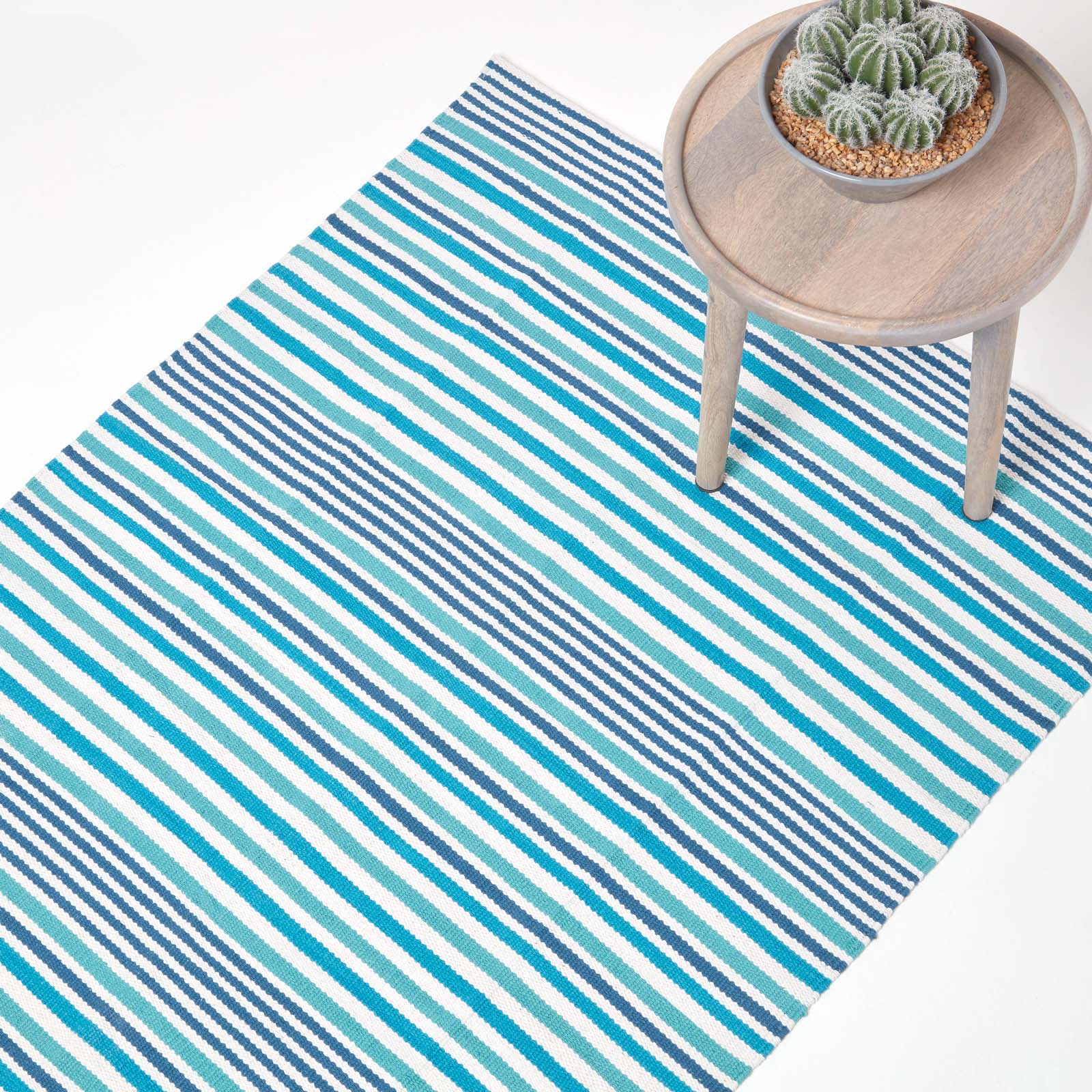 Modern Blue Scandinavian Style Striped Cotton Rug | 60cm x 100cm | Aqua
