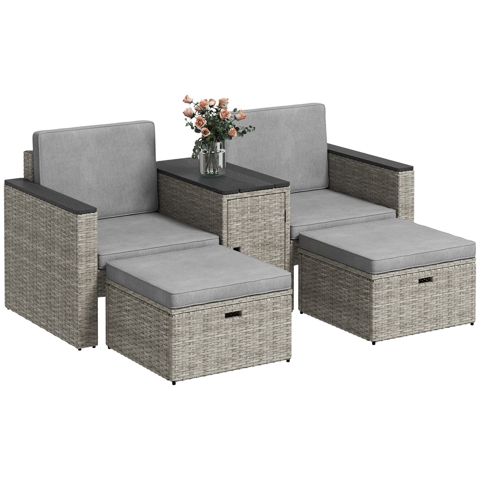 5 Piece Rattan Garden Furniture Set W/ Storage Table, Stools