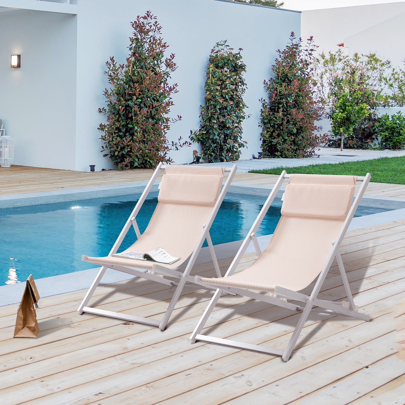 Set Of 2 Folding Garden Beach Aluminium Frame Deck Chairs | Beige