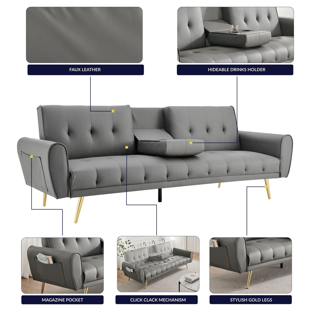 Lora Faux Leather Sofa Bed 3 Seater | Light Grey