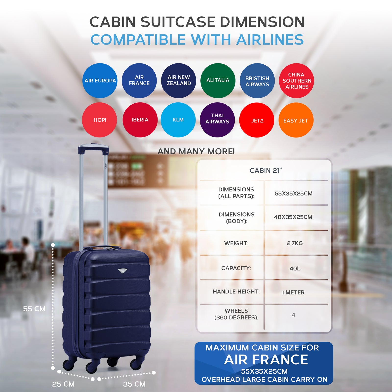 55x35x25cm Lightweight Suitcase - Cabin Carry On - Hard Shell - 4 Wheels Overhead Luggage | Cabin | Navy Blue