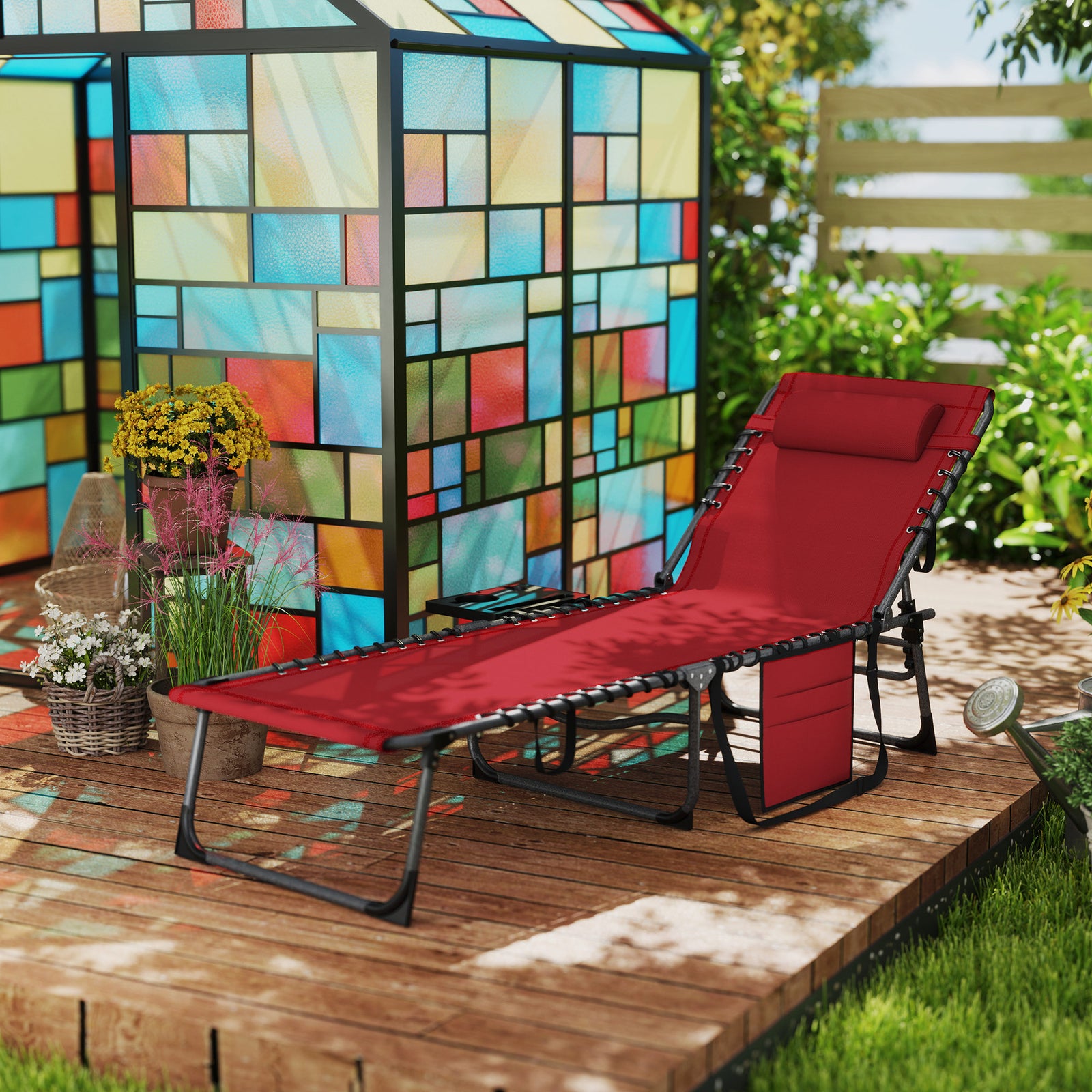 Folding Sun Lounger With 5-level Reclining Back, Side Table | Red