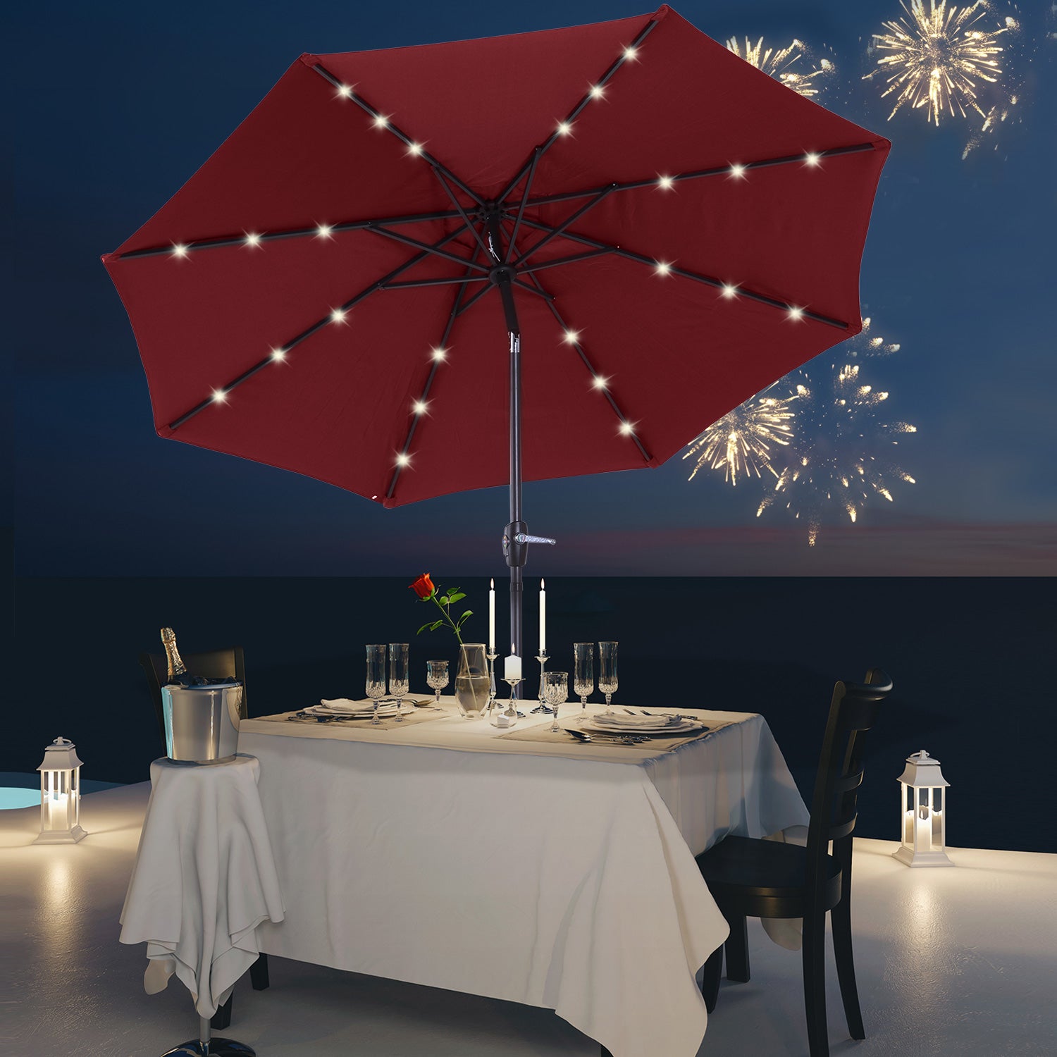 Parasol Patio Umbrella W/ Led Light Crank | Red