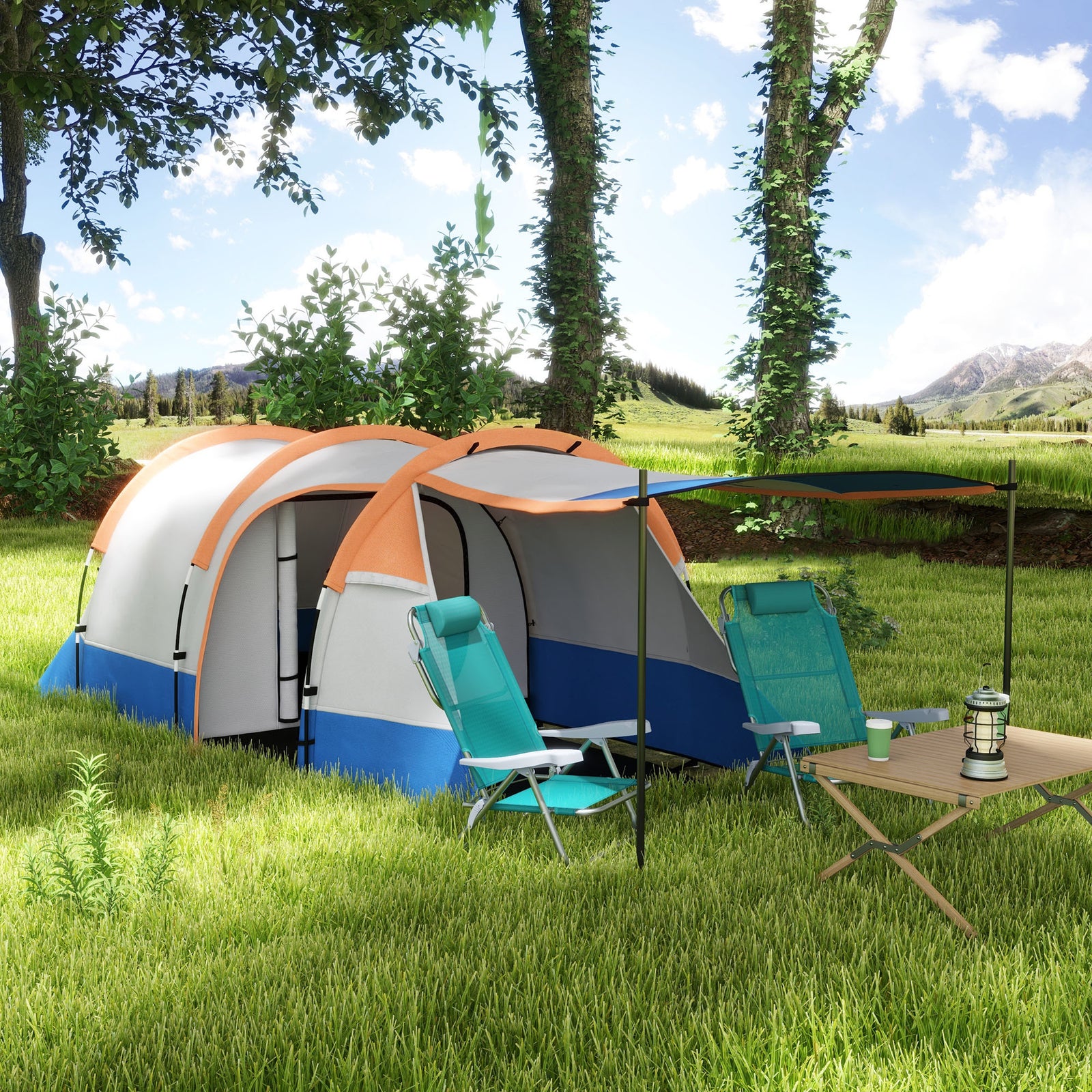 2-3 Man Camping Tunnel Tent With Bedroom And Living Room | Orange