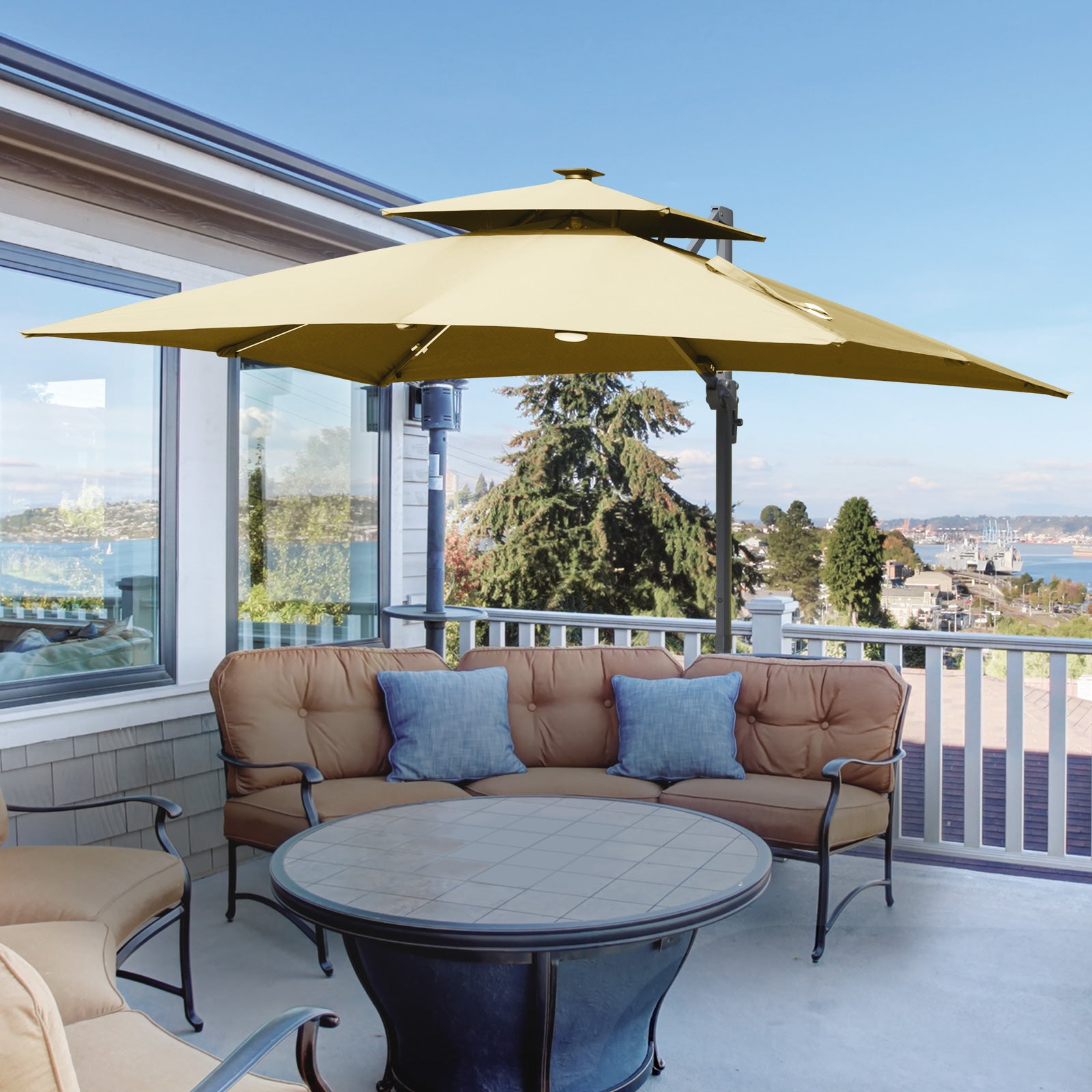 3m Cantilever Parasol W/ Solar Led, Crank, Cross Base | Khaki