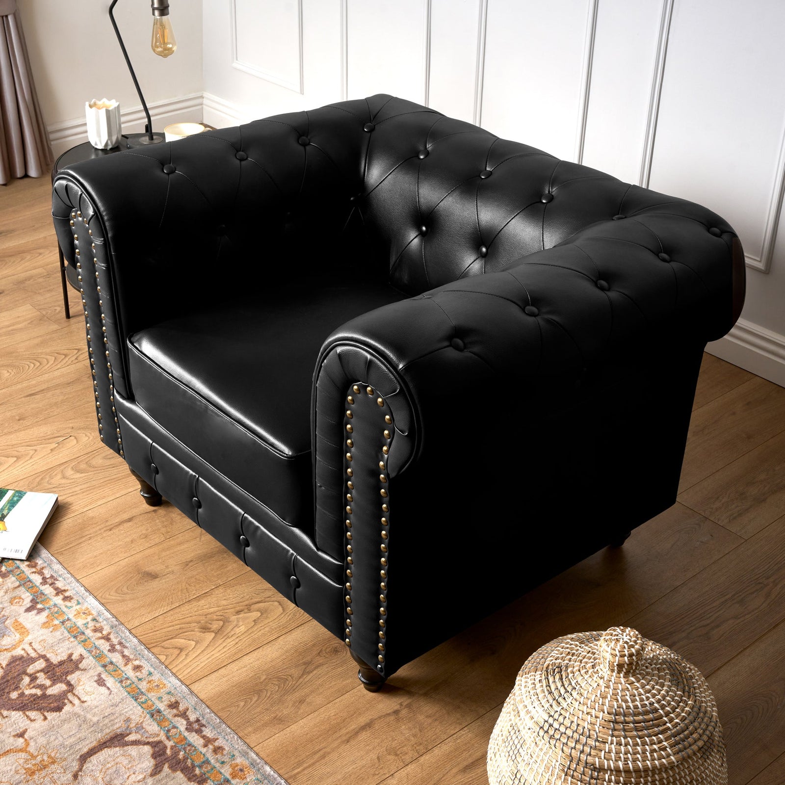 Button Tufted Faux Leather Living Room Armchair | Black