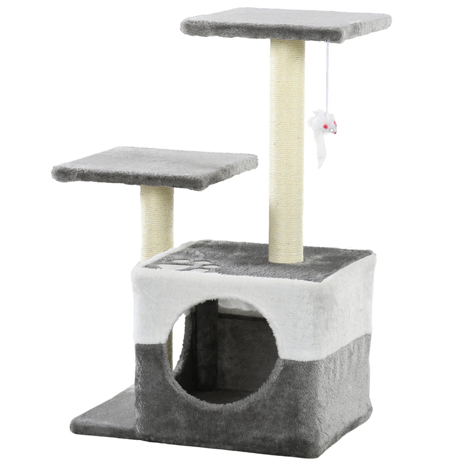 Cat Tree W/ Sisal Scratching Posts, House, Perches, Toy Mouse | Gray