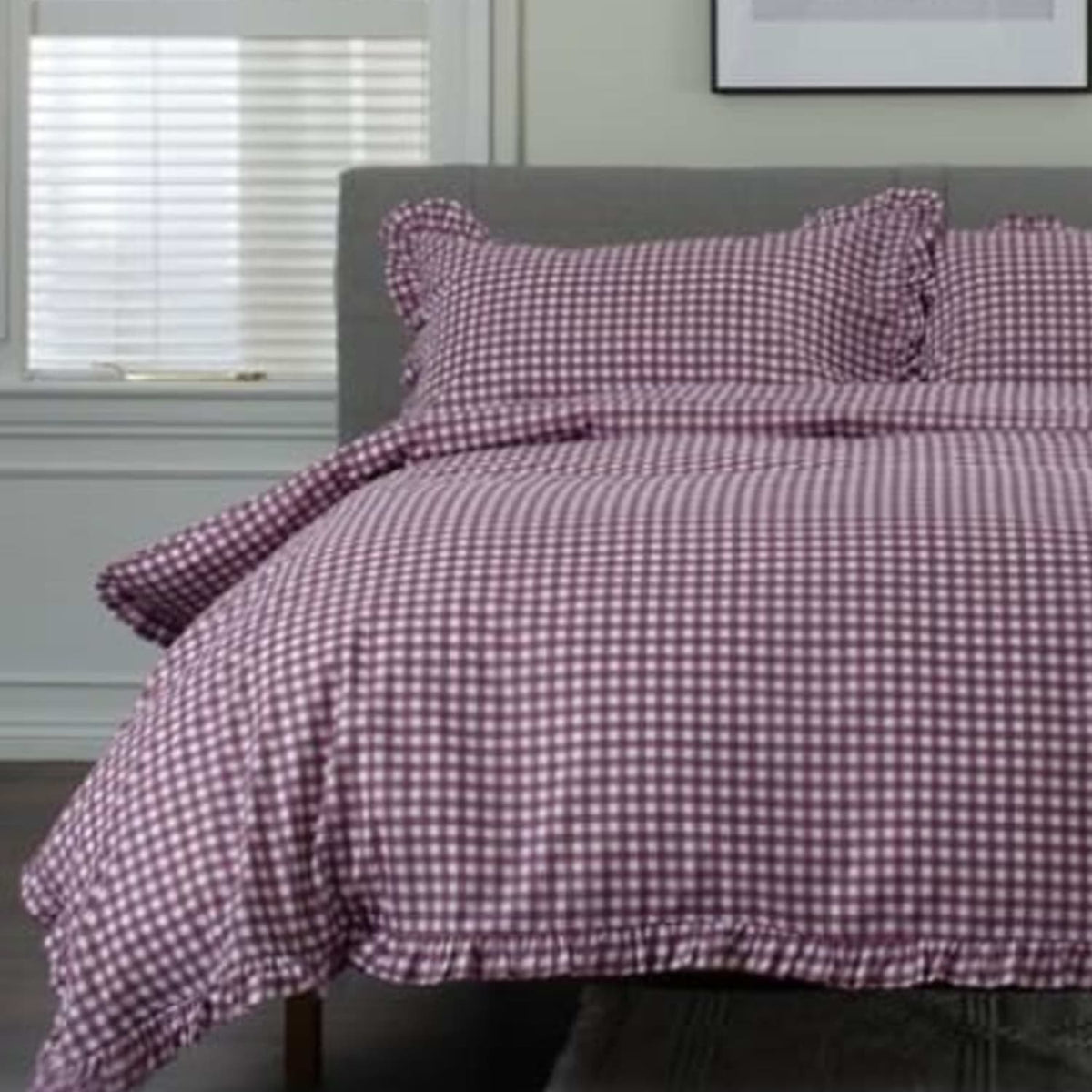 Gingham Frilled Cotton Check Duvet Cover Set | Double | Burgundy