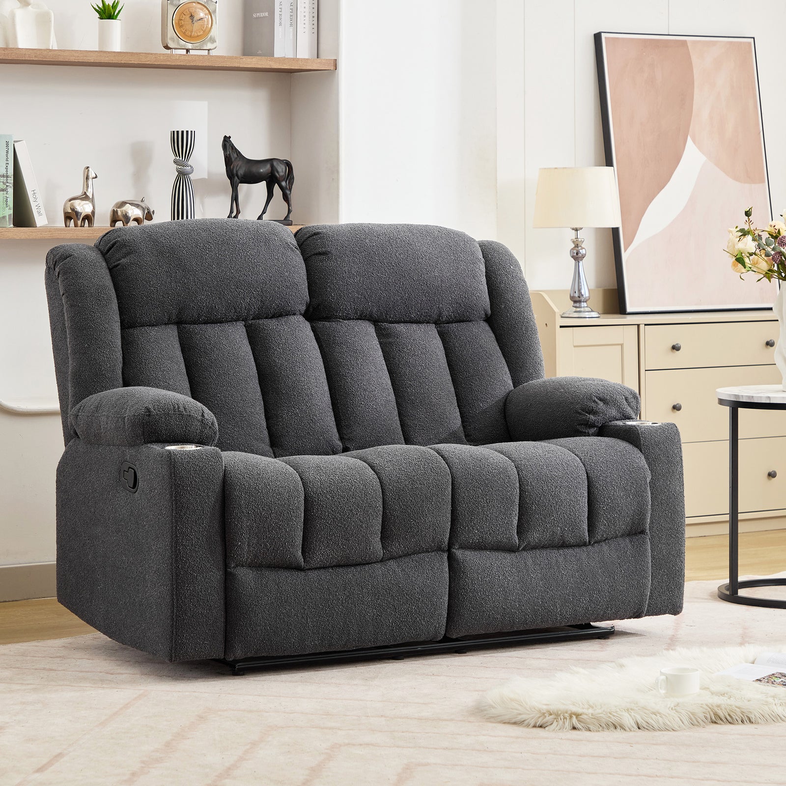 Lovell 2 Seat Manual Recliner Sofa With Cup Holders | Dark Grey