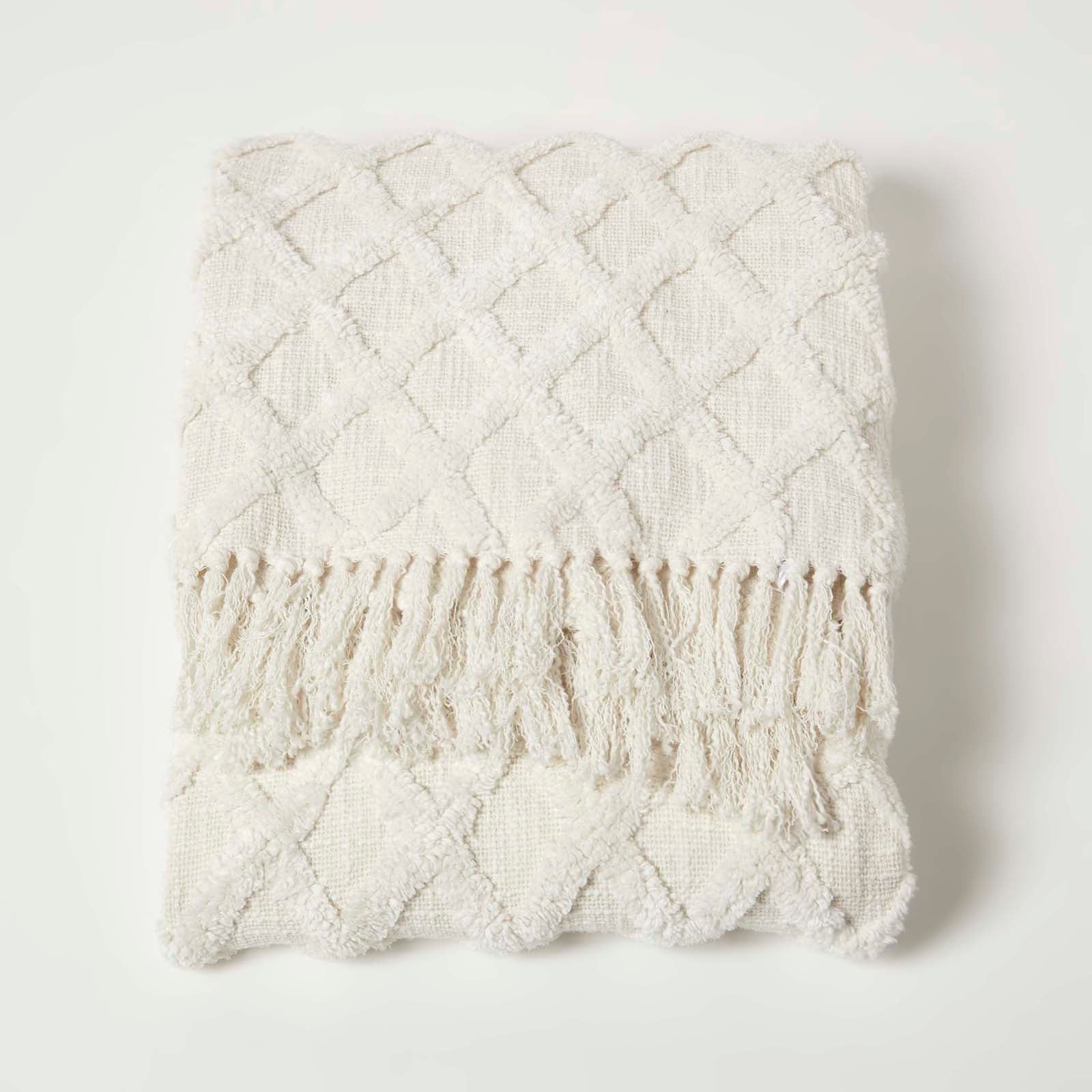 Diamond Textured Pattern Cotton Tufted Throw | 125cm x 150cm | White