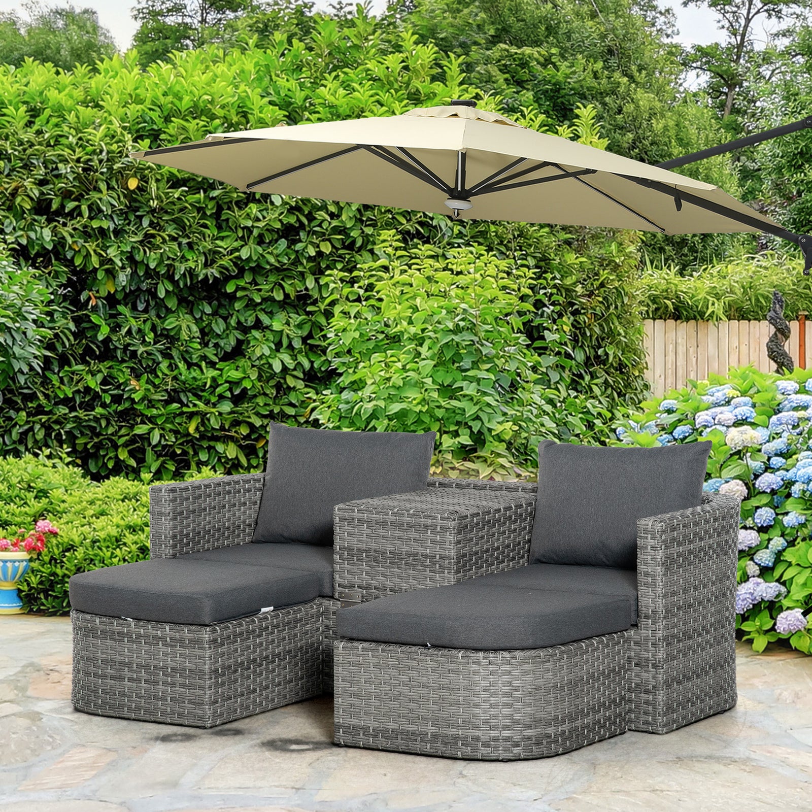 Outsunny 3 Piece Rattan Garden Furniture Set, Double Lounge & Table