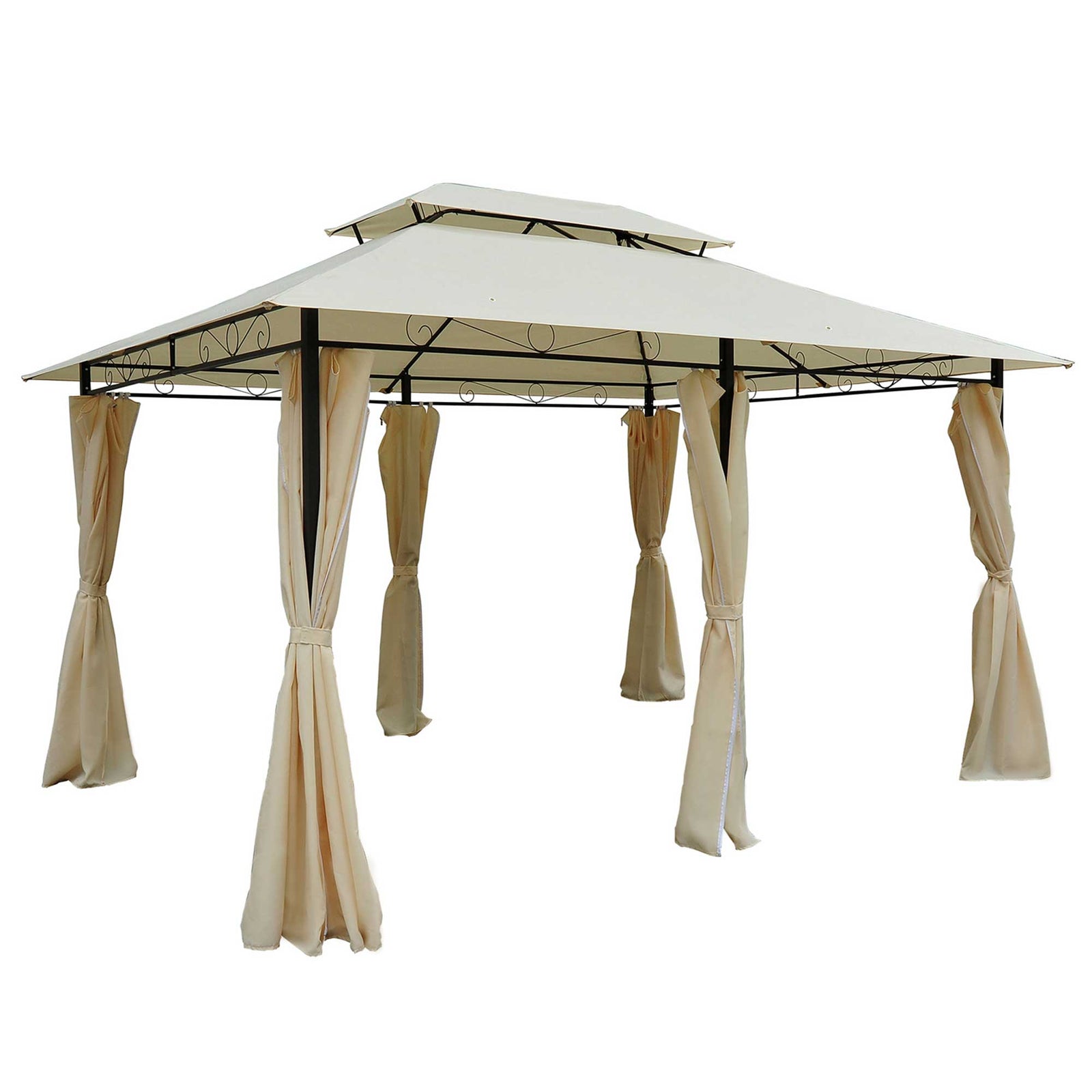 3 X 4m Outdoor 2-tier Steel Frame Gazebo W/ Curtains Outdoor | Beige