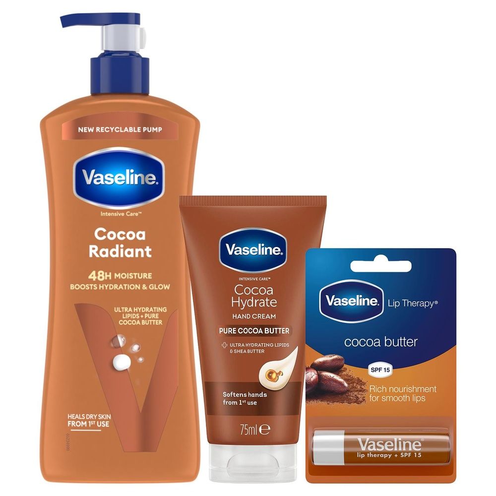 Vaseline Gift Set Cocoa Radiant Lotion 600ml, Hand Cream 75ml & Lip Balm 4g