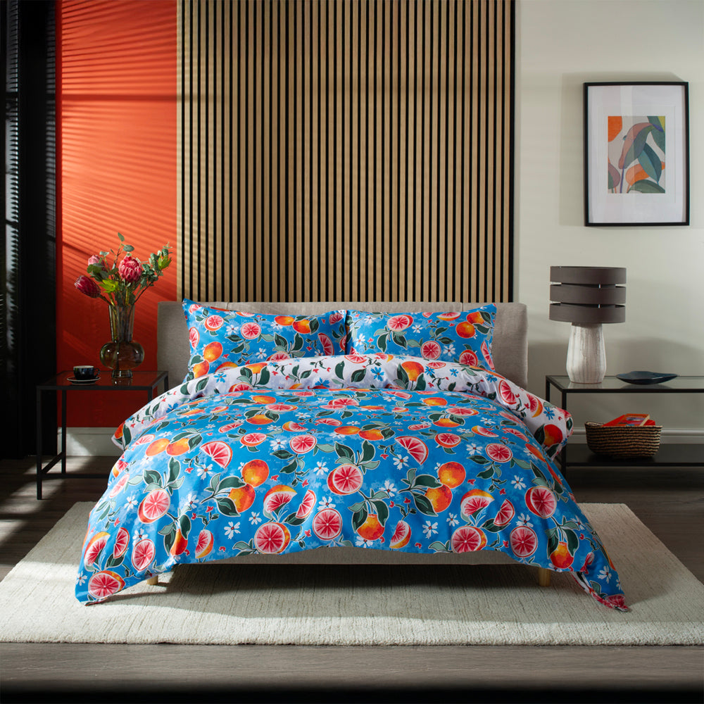 Citrus Fruits  200 Thread Count Printed Reversible Cotton Rich Duvet Cover Set | King | Blue
