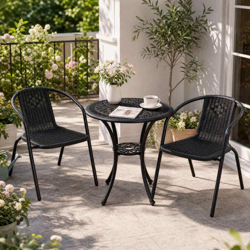 3 Pcs Bistro Set Cast Aluminium Round Patio Dining Table With Pe Rattan Stacking Chairs
