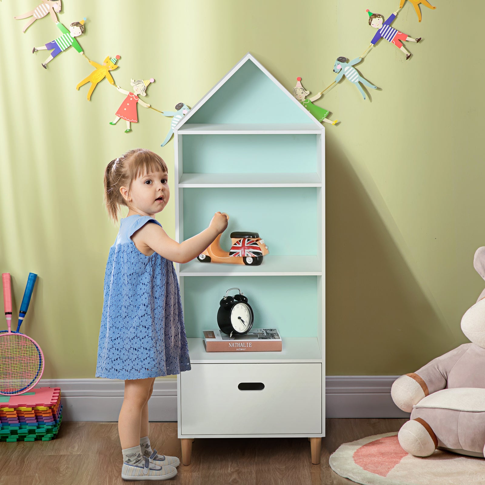142x50cm Child's Rocket Bookshelf W/ 3 Shelves Drawer Wood Legs White