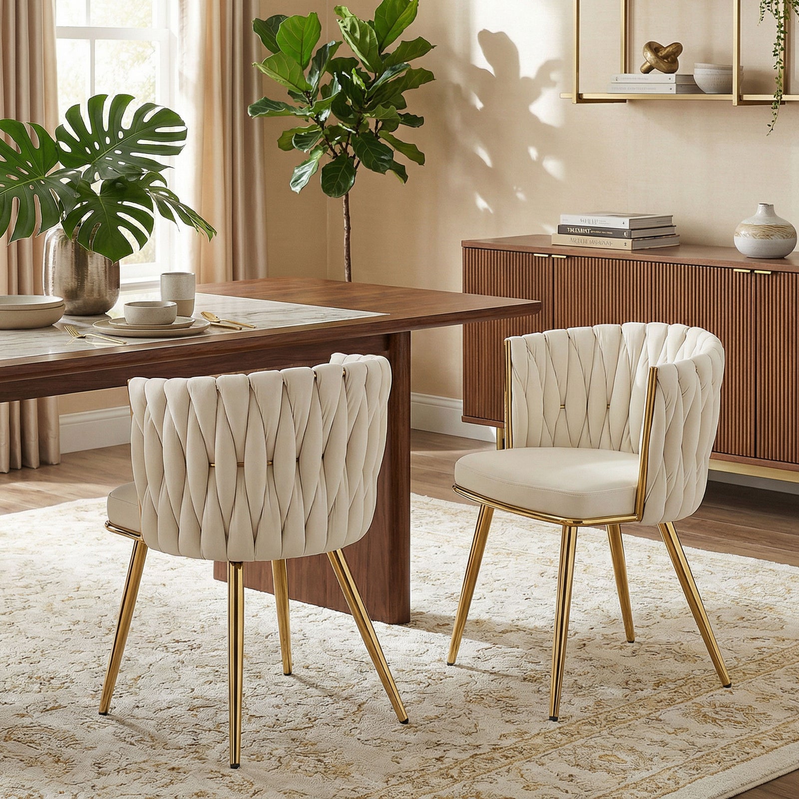 Upholstered Kitchen Chairs Set Of 2 With Woven Backrest | Cream
