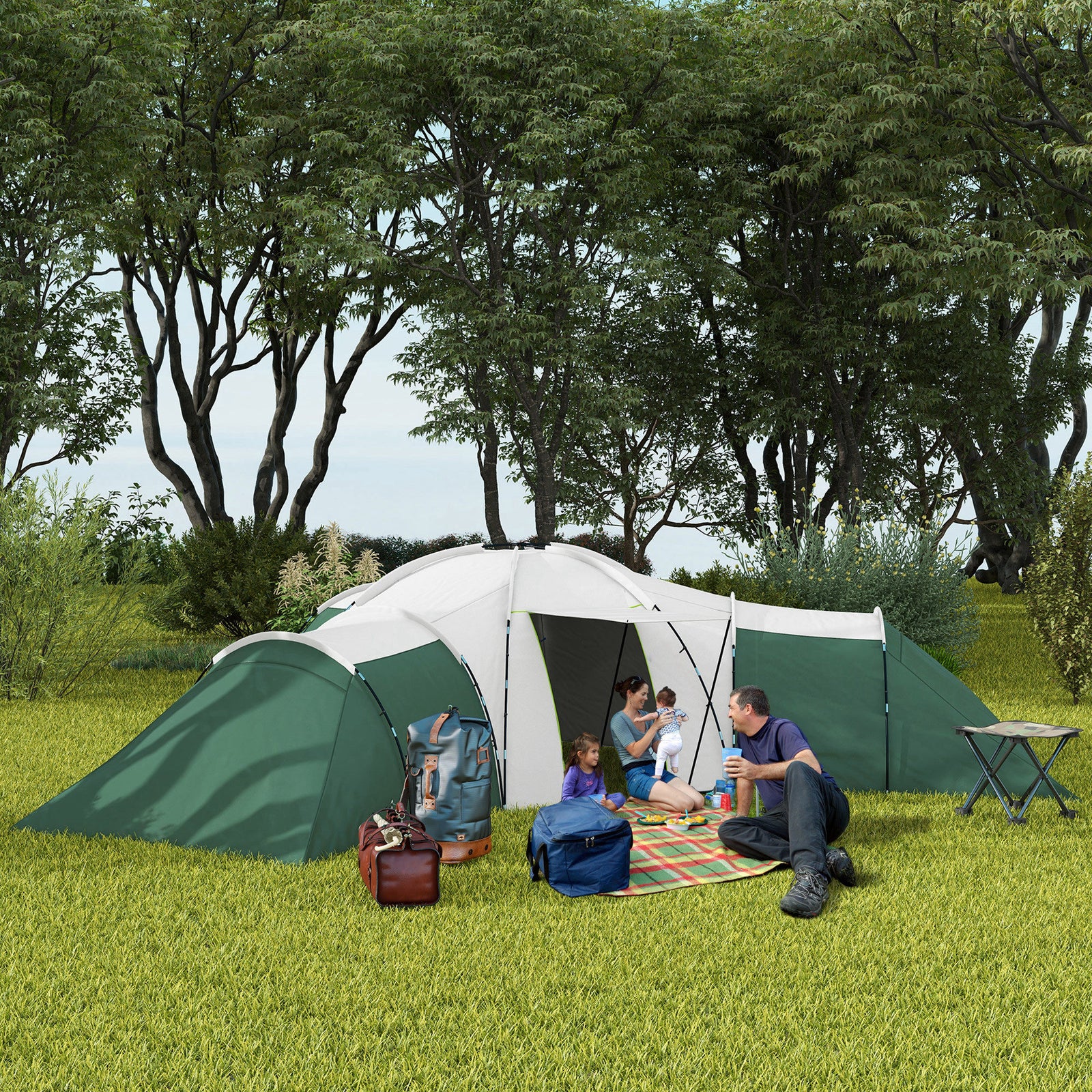 Large Camping Tent With Bedroom, Living Area, Porch For 6-9