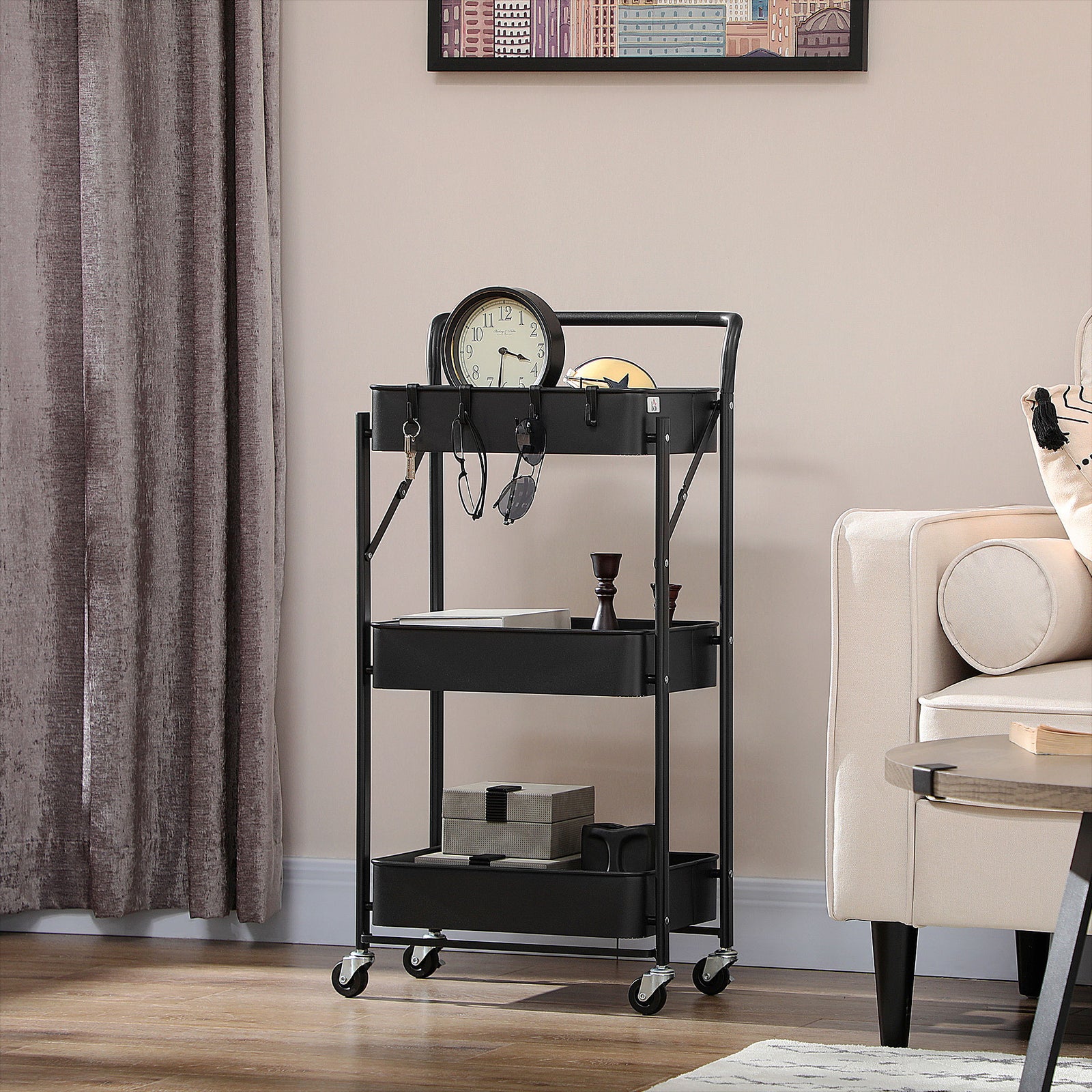 HOMCOM Rolling Utility Cart With 3 Mesh Basket 4 Hooks For Kitchen
