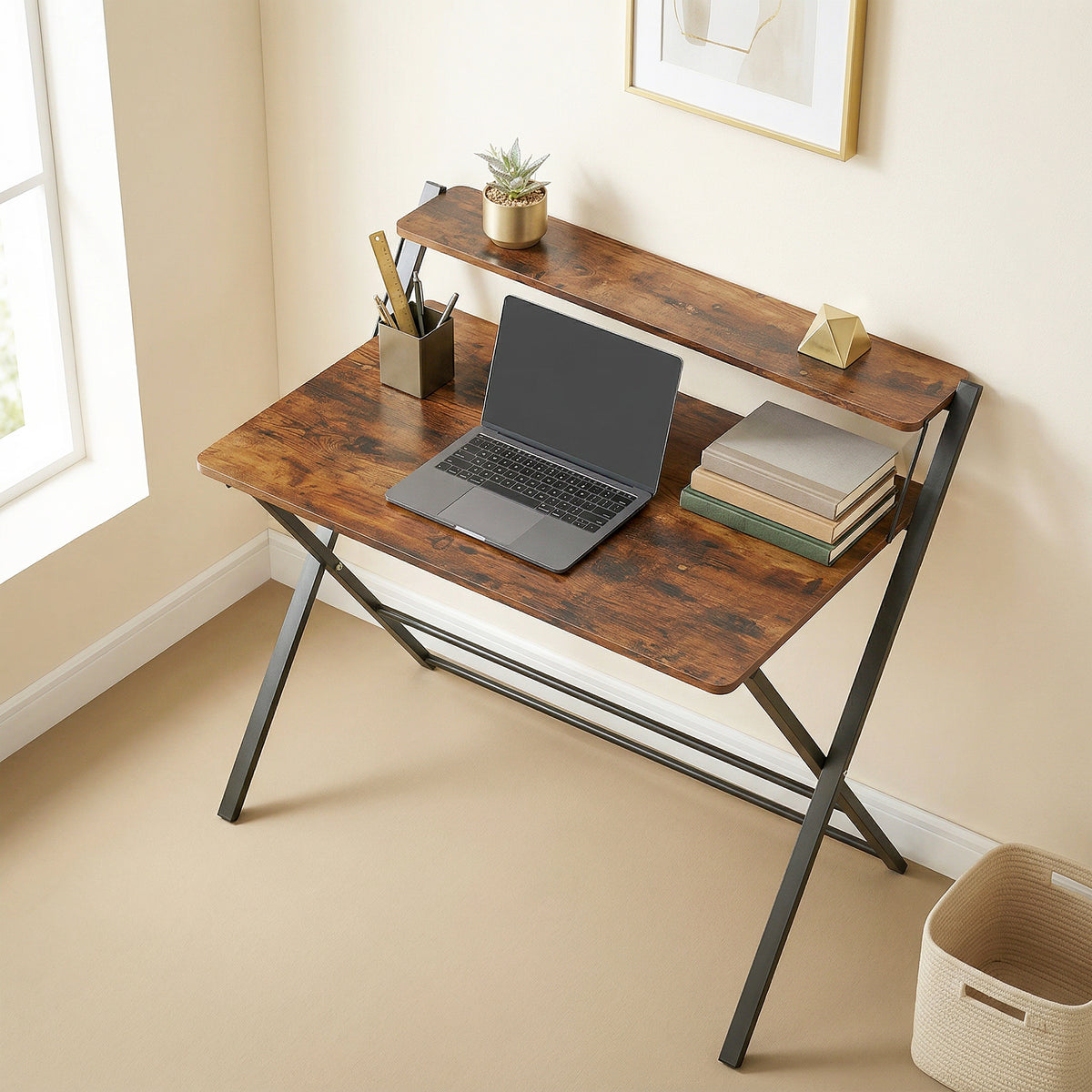 HOMCOM Folding Desk With 2-tier Shelf For Home Office