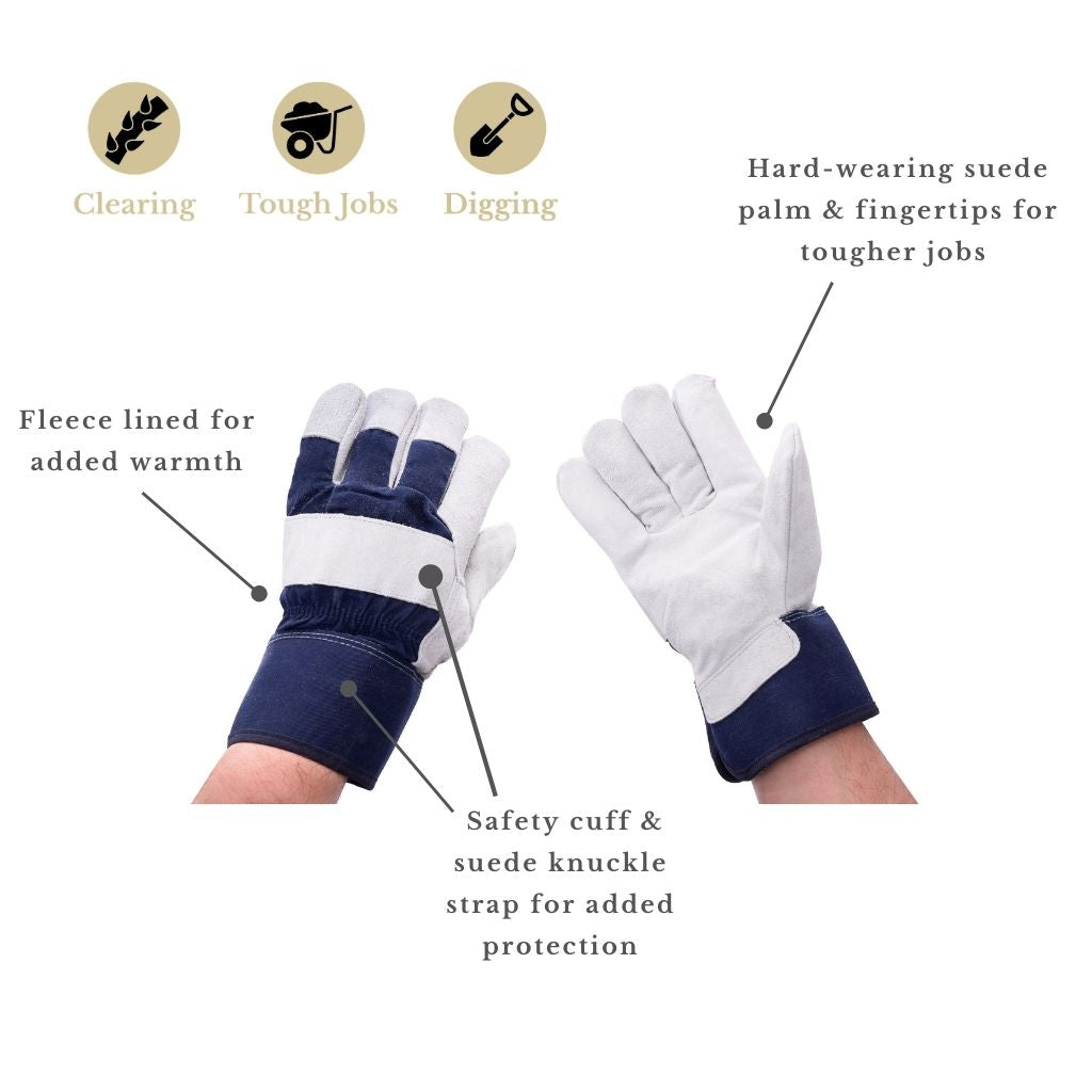 Fleece-lined Rigger Gloves, Thorn-resistant Leather Palm | Large | Navy Blue