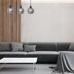 Omega Hand Made Linear Pendant Lamp With Elegant Smoked Glass Spheres Quality Matt Black Fittings With Gold Detail