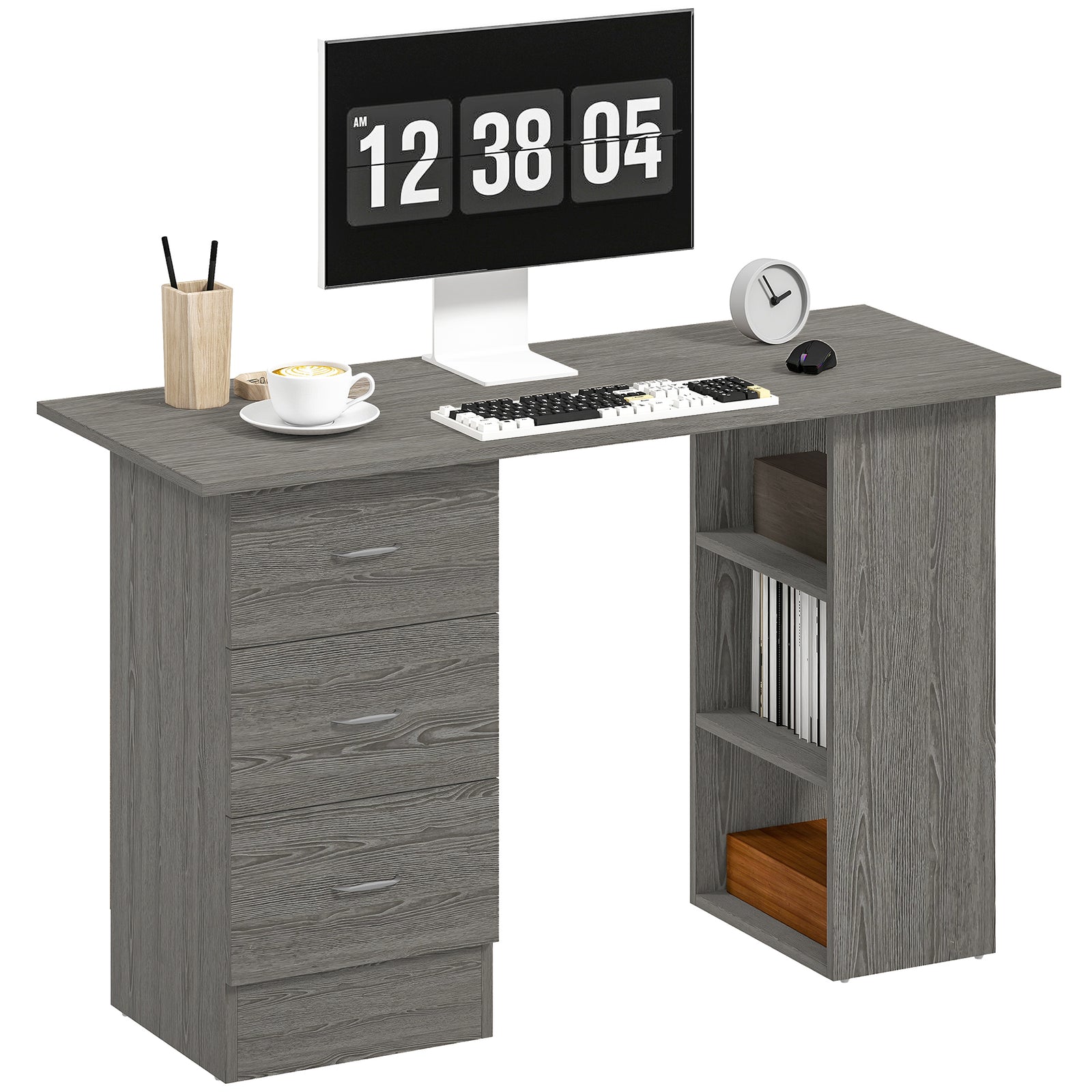 120cm Computer Desk, Study Table With 3 Shelf & Drawers | Grey