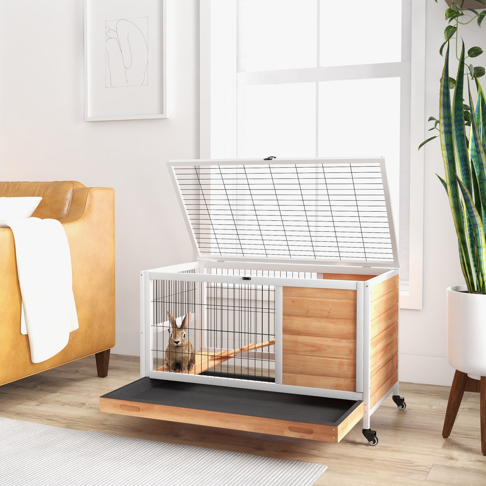 Wood Indoor Rabbit Hutch Elevated 2-floor Guineas Pigs Cage W/ Wheels | Yellow