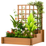 3 Tier Wooden Garden Planters With Trellis For Vine Climbing Plants | Brown